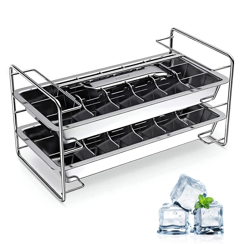 Ecozoi Stainless Steel Ice Cube Tray - 2 Pack of 18-Slot Metal Ice Cube Trays with Easy Release Lever - Plastic-Free, Eco-Friendly, Stackable Retro Vintage Ice Trays for Bars & Kitchens - Image 1